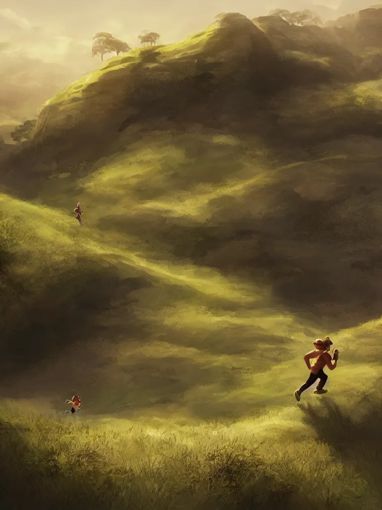 Image similar to running up a hill, by disney concept artists, blunt borders, rule of thirds, beautiful light