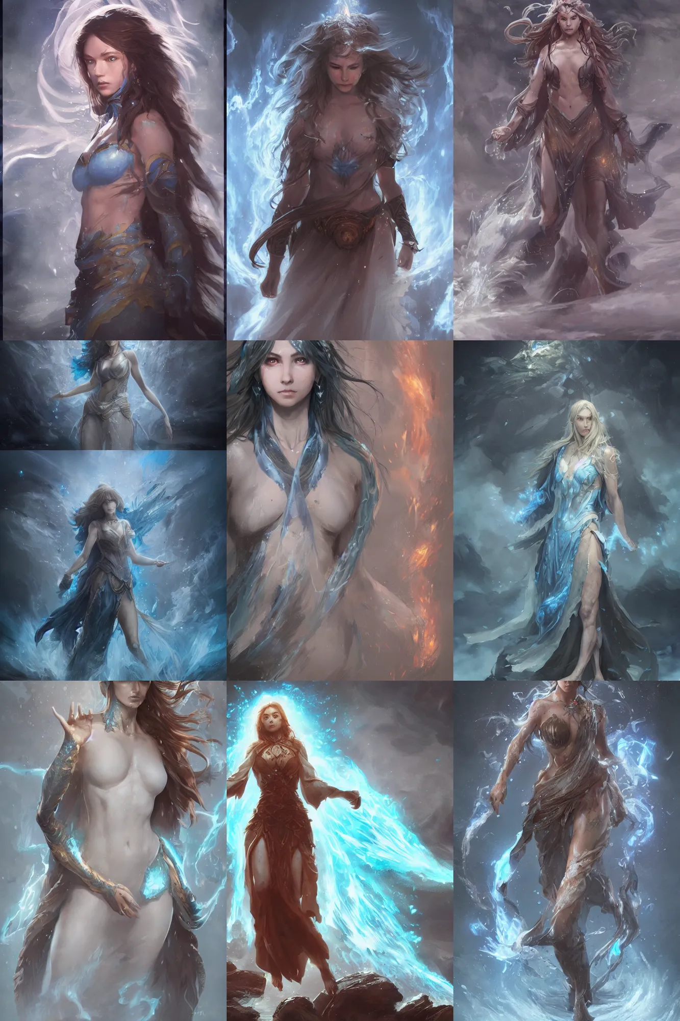 Prompt: water-elemental female wizard in the style of Greg Rutkowski and Ayami Kojima, accurate body features, full body shoot, realistic face, trending on artstation, artstationHD, artstationHQ, 4k, 8k