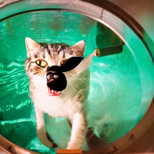 Image similar to photograph of cat wearing diving gear swimming in a vat of acid