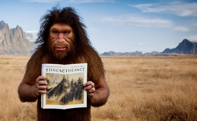 Image similar to made a portrait of neanderthal read science book about him in middle of nowhere, perfect dynamic posture, perfect dynamic pose, perfect dynamic form, pinterest, perfect dynamic position, award winning photo by national geographic, and pulittzer winner, bokeh