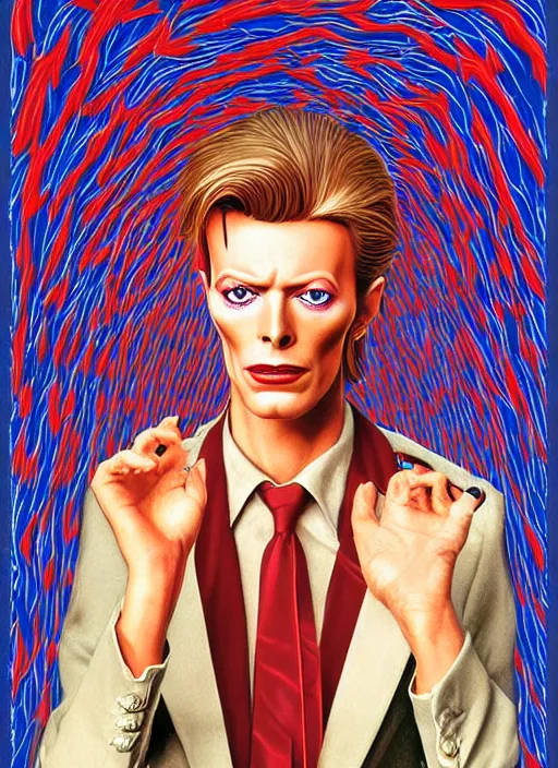 Image similar to twin peaks poster art, portrait of david bowie lost in the labyrinth of the red room, other dimension, this is his fate for the next two years, by michael whelan, rossetti bouguereau, artgerm, retro, nostalgic, old fashioned