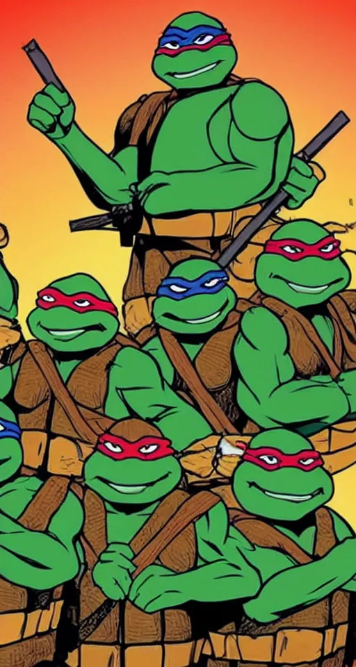 Image similar to the ninja turtles are smoking crack together in a dark alleyway