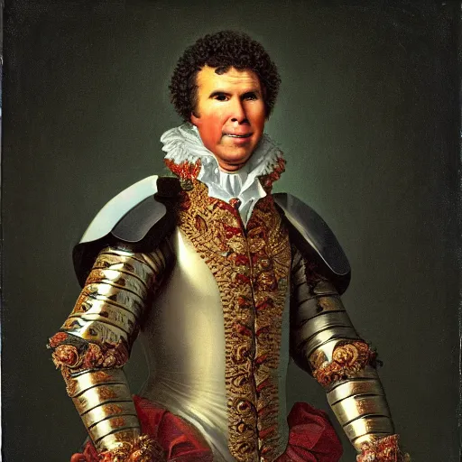 Image similar to A rococo portrait of Will Ferrell in a shining suit of armor, Jacques-Louis David, Réunion des Musées Nationaux, Louvre Catalogue photography