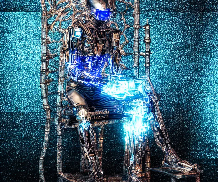 Prompt: semi - transparent glowing cyborg sitting on an intricate metal throne, fantasy sci - fi, majestic lighting, metallic, 2 0 0 mm focus, bokeh