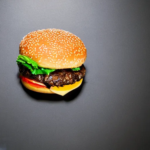 Prompt: 85mm food photograph of the perfect cheeseburger shot on 35mm film, studio lighting, 8k