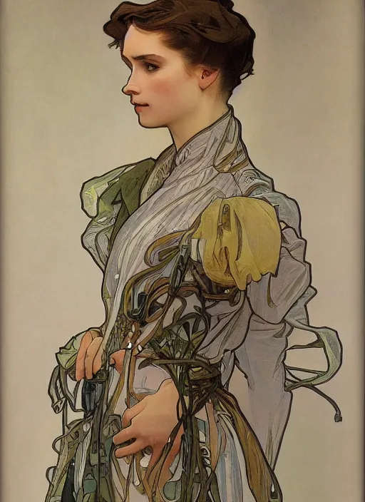 Image similar to a realistic portrait by alphonse mucha of a russian girl detailed features wearing a cargo wedding dress - sporty, sleek, tech utility - chic trend. lots of zippers, pockets, synthetic materials, jumpsuits chic'techno fashion trend by issey miyake and balenciaga