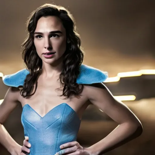 Prompt: long shot, fluorescent bleu de france of gal gadot, warm lighting, 8 k