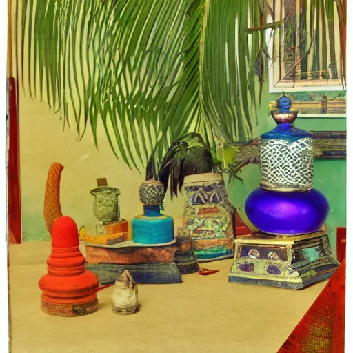 Prompt: An offset photography of a composition of five object on display, colors, (anthropology of wonder), ((((exotic artifacts)))), bauhause, tropicalism, (colonial expedition), three colors, exhibition print, 60s style