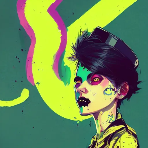 Prompt: Highly detailed portrait of a punk zombie young lady by Atey Ghailan, by Loish, by Bryan Lee O'Malley, by Cliff Chiang, inspired by image comics, inspired by graphic novel cover art !!!Yellow, green, black and purple color scheme ((dark blue moody background))