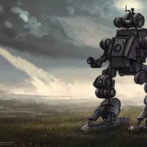 Image similar to a mech with guns on each arm preparing for combat, battlefield, dead trees, fire, smoke, dark clouds, slightly sunny, ominous, intense, epic, extremely detailed, cinematic lighting, studio ghibli, anime, steampunk, cool,