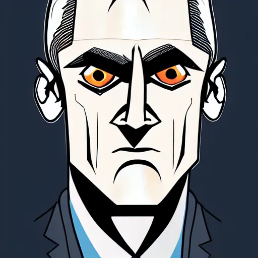 Image similar to solid glowing eyes, digital portrait of secretary of denis mcdonough face with solid glowing eyes, cover art of graphic novel, evil laugh, menacing, Machiavellian puppetmaster, villain, simple style, solid colors, clean lines, clean ink, trending on artstation