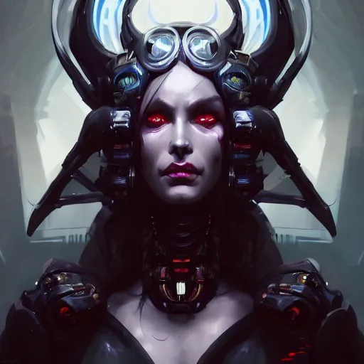 Image similar to a portrait of a beautiful demonic cybernetic grand duchess of hell, cyberpunk concept art by pete mohrbacher and wlop and artgerm and josan gonzales, digital art, highly detailed, intricate, sci-fi, sharp focus, Trending on Artstation HQ, deviantart, unreal engine 5, 4K UHD image