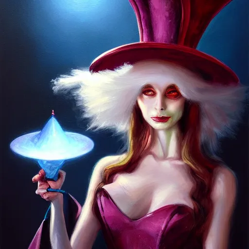 Image similar to oil painting of a rabbit dressed like a female magician with a top hat and a magic wand, urban fantasy art by seb mckinnon, artstation npc character design, top - rated