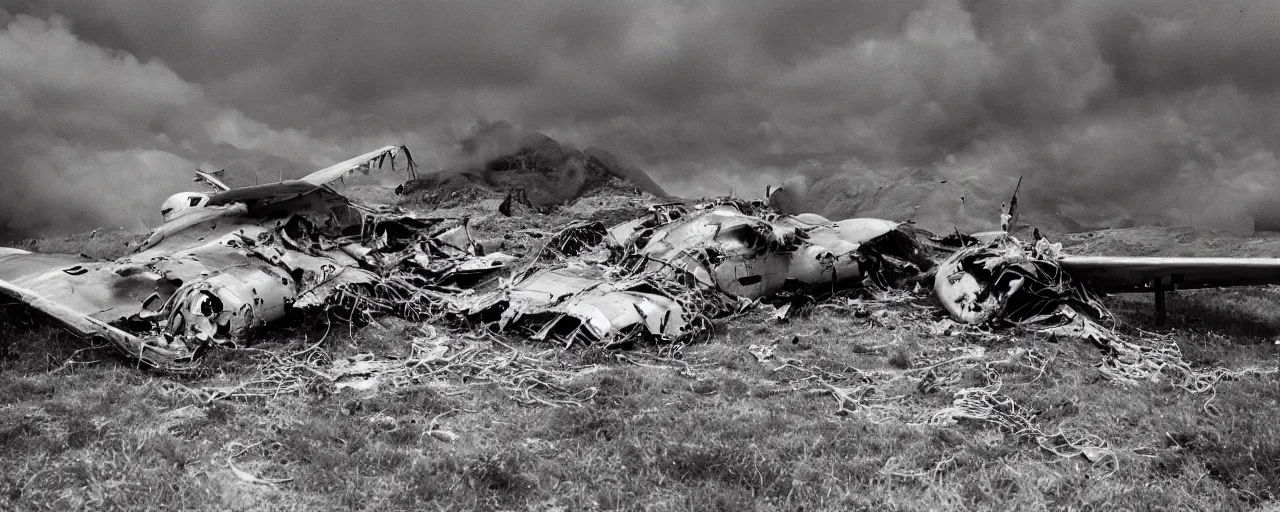 Image similar to panoramic of a world war 2 plane crashing into a spaghetti mountainside, cloudy, small details, intricate, canon 5 0 mm, high detail, intricate, cinematic lighting, photography, wes anderson, film, kodachrome