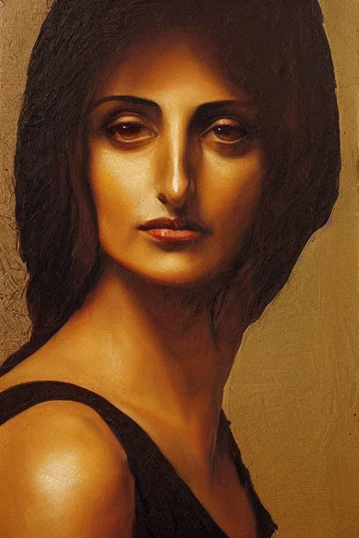 Image similar to oil painting, portrait of penelope cruz, artwork by leonardo da vinci