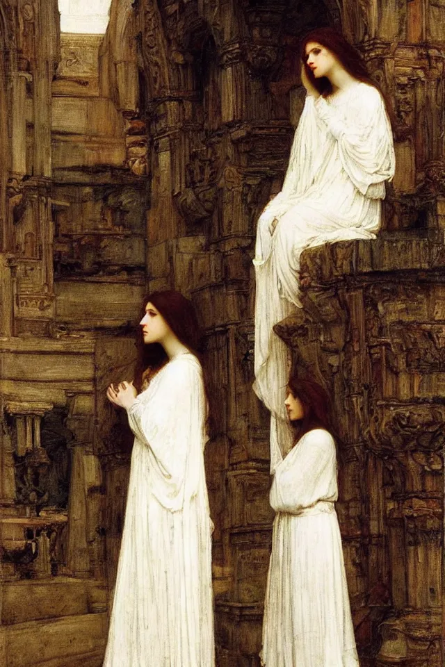 Prompt: beautiful woman in white robes by john william waterhouse, preraphaelite style, detailed, defined, chiaroscuro