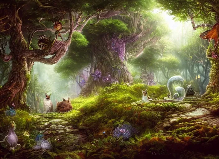 Image similar to desktop background, magical fantasy forest, magical cat creatures, path traced, highly detailed, high quality, digital painting, by studio ghibli, lise deharme, alexander jansson, paul lehr, tim white, hans zatzka, george stubbs, louis wain