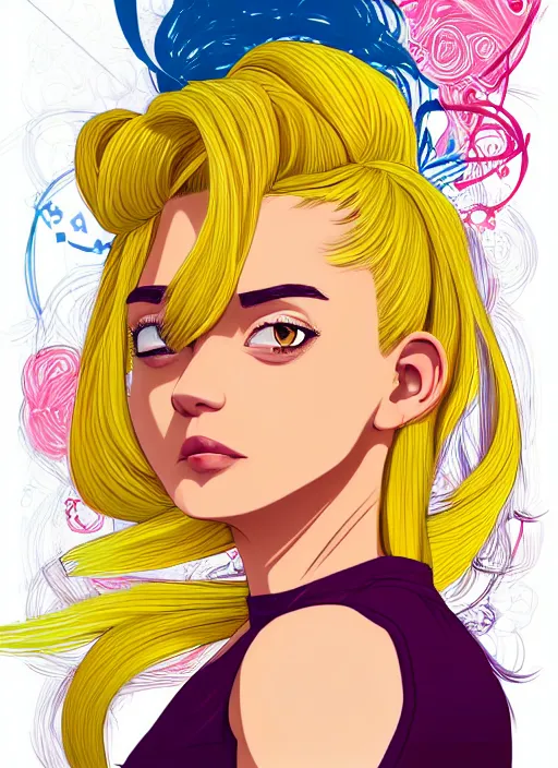 Prompt: character portrait of a cool latino girl with yellow hair, with a 2 8 7 hairstyle, wearing a tanktop, lesbian, highly detailed, stylized, medium shot, vector line art, clean cel shaded vector art, by ross tron, lois van baarle, artgerm, helen huang, makoto shinkai, ilya kuvshinov, rossdraws