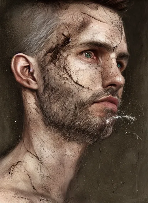 Prompt: a side profile portrait of a man with a opening hole into skull, hole in skull showing cobwebs, dust and rats, ( ( ( justin trudeau ) ) ), digital art, highly detailed, by alyssa monks and charlie bowater