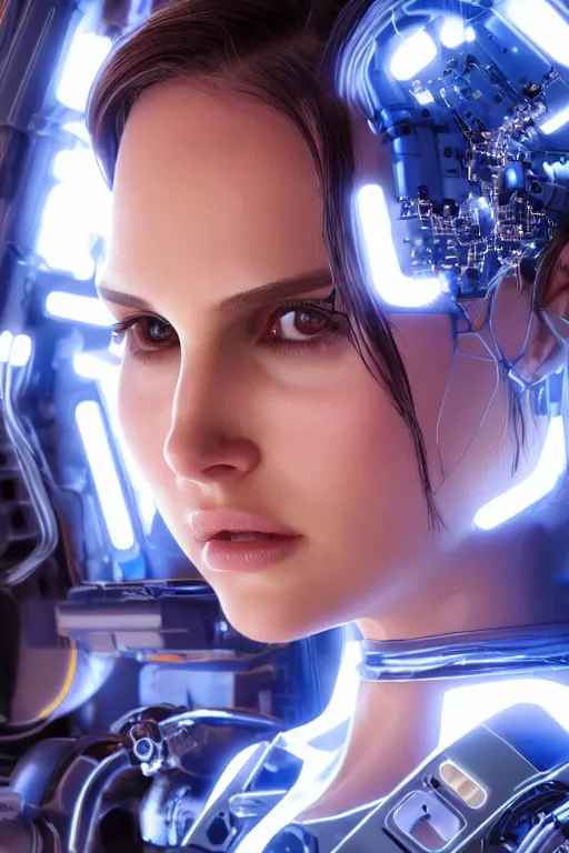 Prompt: close up headshot of Natalie Portman as a female android, intricately detailed mechanical parts, complicated circuits and wires, beautiful gazing symmetric blues eyes, unreal engine, path tracing, 8k, artstation