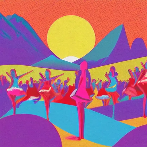 Prompt: the women gathered by the river to dance as the sun rose behind the mountains , high quality digital art in the style of cubism and georgia o’ keefe,