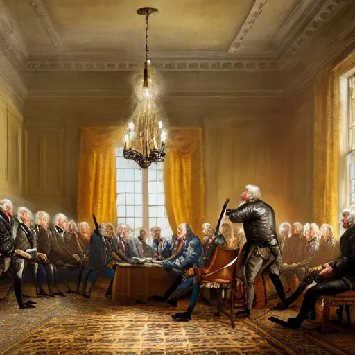 Image similar to founding fathers of america getting raided by swat, highly detailed painting, 4 k resolution photorealistic, high resolution, vray, hdr, hyper detailed, insane details, intricate, elite, ornate, elegant, luxury, dramatic lighting, octane render, weta digital, micro details, 3 d sculpture