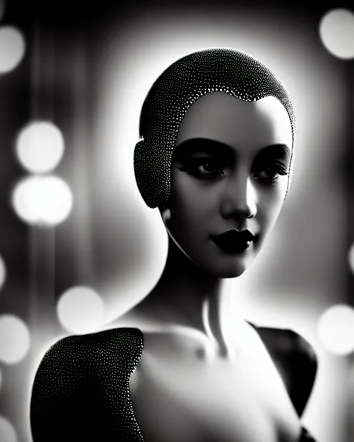 Image similar to black and white dreamy young beautiful female artificial intelligence, metropolis, cinematic, rim light, bokeh, photo - realistic, elegant, high detail, 8 k, masterpiece, photo taken in 1 9 3 0