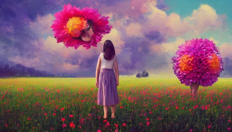 Image similar to girl with a huge flower as a face, surreal photography, dream, standing in flower field, hills, big trees, sunrise dramatic light, impressionist painting, colorful clouds, digital painting, pointillism, artstation, simon stalenhag, flower face