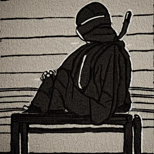 Prompt: a ninja with headphones sitting on a bench, high detail, black and white