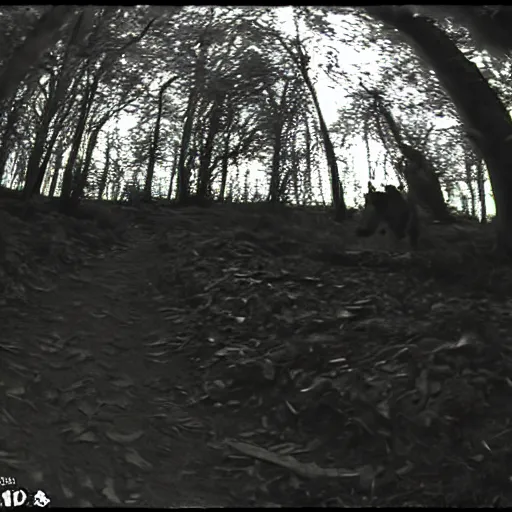 Prompt: Shrek caught on trail cam trying to eat camera, wide angle lens, night vision, grainy