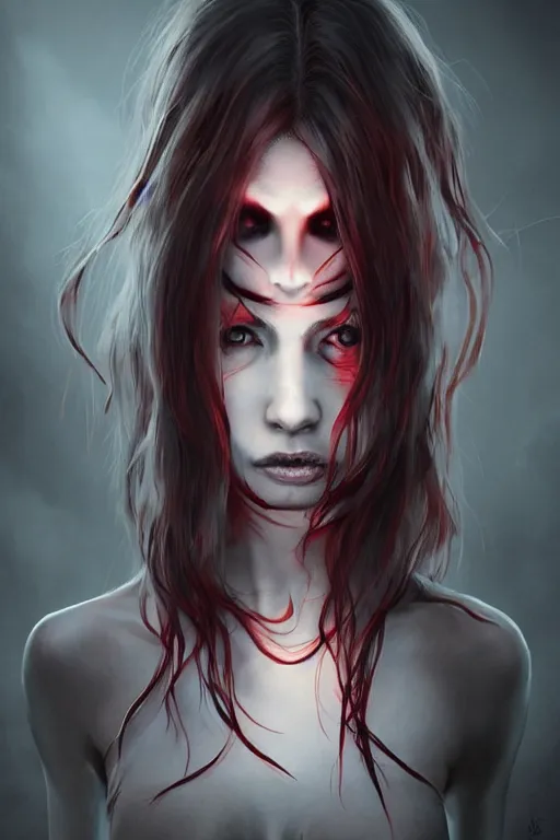 Image similar to creepy possessed woman with hair standing straight up and her eyes glowing red , made by Stanley Artgerm Lau, WLOP, Rossdraws, ArtStation, CGSociety, concept art, cgsociety, octane render, trending on artstation, artstationHD, artstationHQ, unreal engine, 4k, 8k,