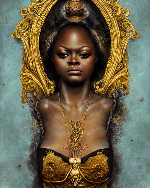 Image similar to concept art, jada fire, beautiful, frank frazetta, ornate, art nouveau, symmetrical, gold jewelry, high contrast, unbiased render, Emil melmoth, eerie, haunting, victorian, 8k, octane render, style of Gustav Klimt, head and shoulders