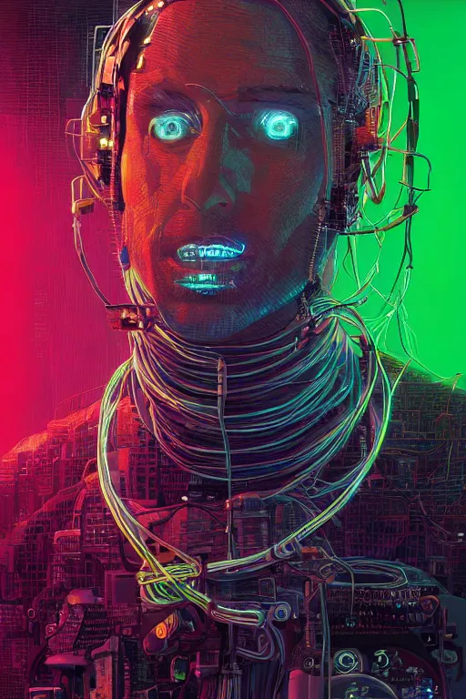 Prompt: stunning highly detailed portrait of a neuromancer billy gaat with cyber headgear surrounded by wires, neon colors, oil on canvas, strong lighting, by Josan Gonzalez, HD, 4K