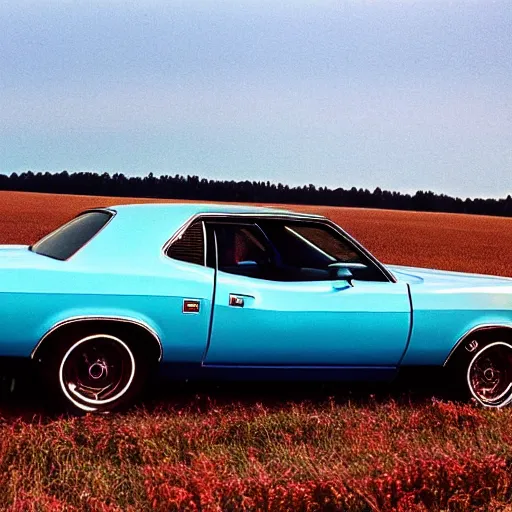 Prompt: A photograph of a rusty!!!!!!!!!!!! Powder Blue Dodge Aspen (1976) in a farm field, photo taken in 1989