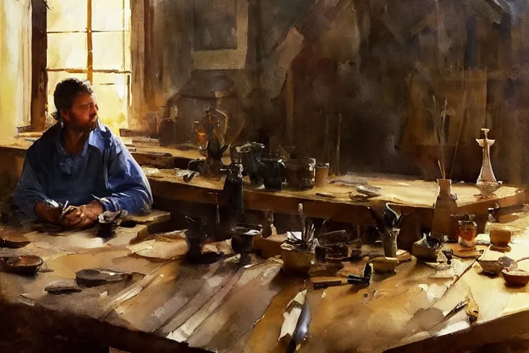 Prompt: paint brush strokes, abstract watercolor painting of medieval workbench, cloth, backlit western scene, art by hans dahl, by jesper ejsing, art by anders zorn, wonderful masterpiece by greg rutkowski, cinematic light, american romanticism by greg manchess, creation by tyler edlin