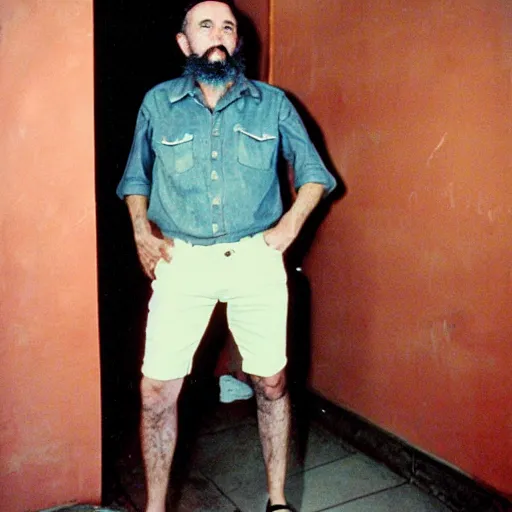 Image similar to fidel castro wearing denim shorts, full body portrait, 3 5 mm film, by nan goldin