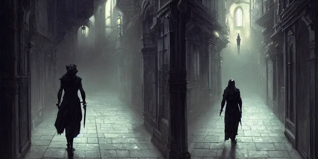 Prompt: a lone assassin walking in a dark gothic alley, night colors, high - key lighting, beautiful composition, intricate, gradient from black to silver, pro photography by, highly detailed, digital painting, art by artgerm and greg rutkowski and alphonse mucha, smooth, sharp focus illustration
