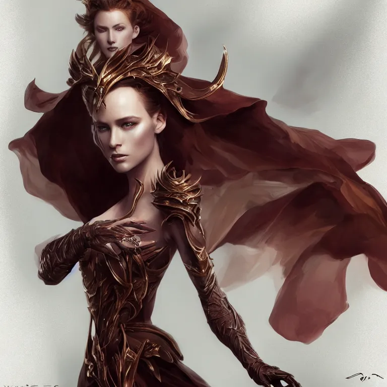 Image similar to beautiful cinematic fantasy poster, character concept of a beautiful fashion model wearing haute couture in dynamic pose, wideshot ultrawide angle epic scale, hybrid from The Elden Ring and art direction by Darius Zawadzki ;by artgerm; wayne reynolds art station; cinematic quality character render; low angle; ultra high quality model; production quality cinema model;