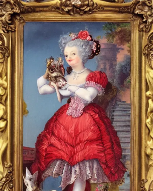 Image similar to A vintage rococo painting by Salvador Dalle Lisa Frank of the red queen chibi otter with her hair so pointy. Says to Alice the rogue chibi fox let's play a game. Paint all the roses red. In alices jumper dress she paints red all over the place. The stoic chibi white rabbit sits in the foreground watching this, staring at his pocket watch 3d render hd 5d digital art