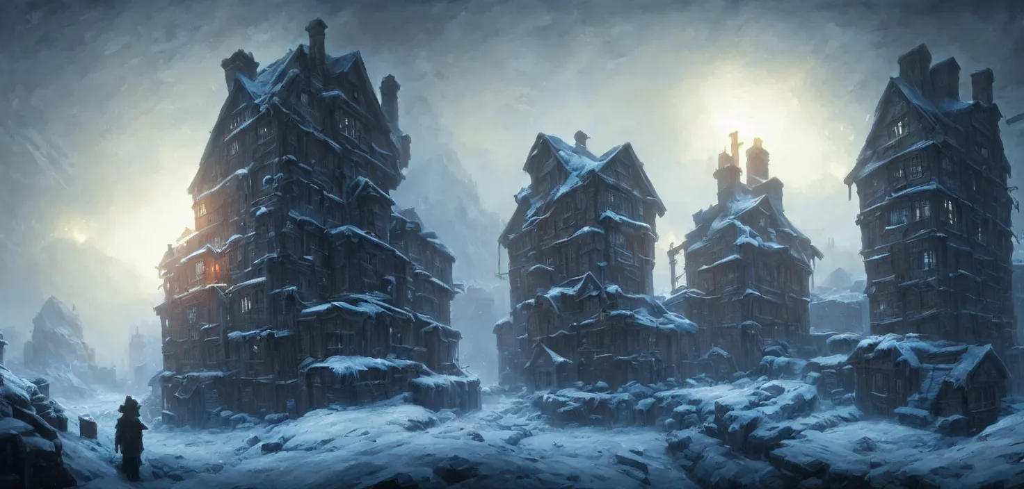 Image similar to frostpunk portal house, cinematic view, epic sky, no people, detailed, concept art, high detail, warm lighting, volumetric, godrays, vivid, beautiful, trending on artstation, by jordan grimmer, huge scene, art greg rutkowski