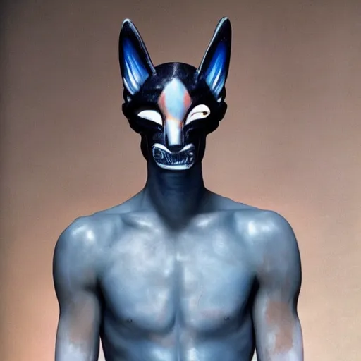 Image similar to an slim athletic beautiful male alien with ombre colored skin wearing a futuristic kitsune mask, painted by michelangelo for the vatican