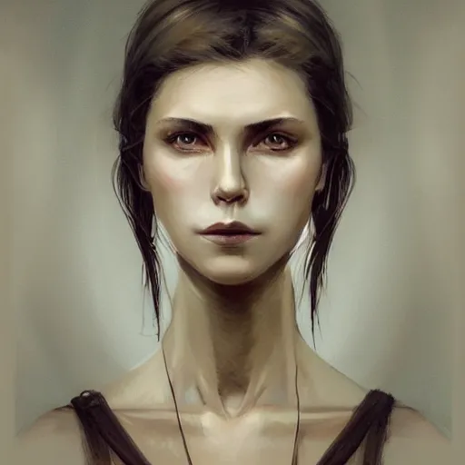 Image similar to surreal portrait of a woman by Greg Rutkowski and Artgerm, symmetrical face, she is about 30 years old, she is about 30 years old, pretty, blond hair with two strans around her face, slavic features, melancholic gaze, pretty aquiline nose, transformed into a kind of biomechanical transhuman goddes, uncany but fascinating, sad but determined look, cosmic void background, frightening, fascinating, highly detailed portrait, digital painting, book cover, artstation, concept art, smooth, sharp foccus ilustration, Artstation HQ