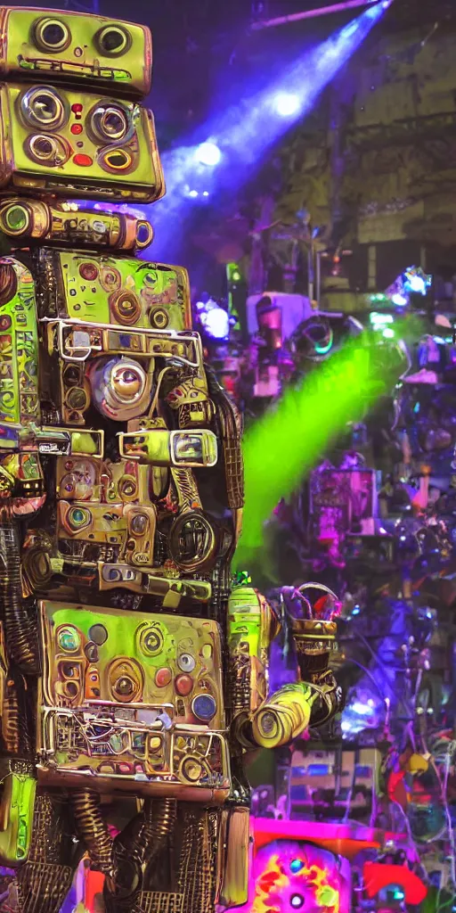 Image similar to a selfie of a happy robot in frront of an outdoor festival stage with audience, on stage is a rockband with 3 steampunk robots with guitars and drums, center of the stage is a big steampunk generator, laser show, 8 k, fluorescent colors, halluzinogenic, multicolored, exaggerated detailed, unreal engine