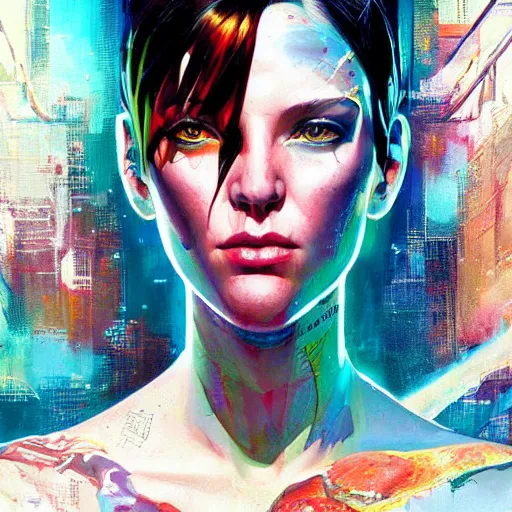 Image similar to beautiful portrait of lofi cyberpunk Leeloo by Tristan Eaton and Stanley Artgerm and Tom Bagshaw, Greg Rutkowski Carne_Griffiths