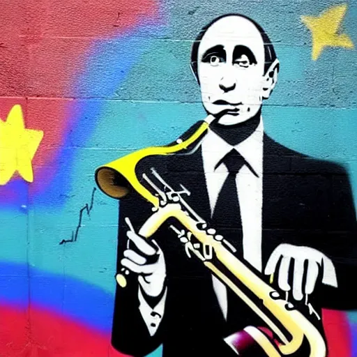 Prompt: Graffiti by Banksy of Vladimir putin playing the saxophone