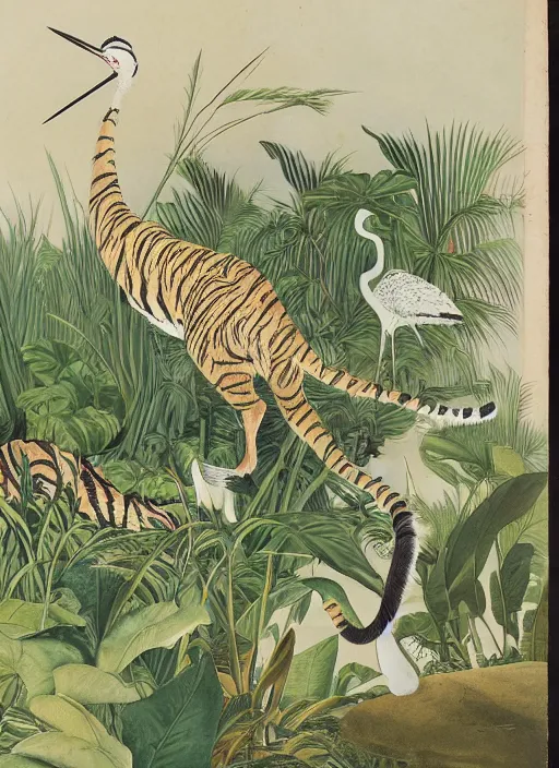 Prompt: tiger hunting a white crane, tropical plants, botanical, large exotic flowers, biology, by artist john audubon