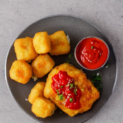 Image similar to food photo of channing tatum's face on top of giant tater tot on a plate with ketchup