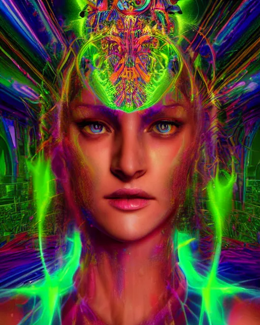 Image similar to a powerful energy psychedelic matrix priestess, by alexander fedosav, hyper detailed digital matte painting, concept art, hyperrealism, 1 6 k resolution, cinema 4 d, 8 k resolution, trending on artstation, behance hd, a masterpiece, by stephan martiniere, particles, cel - shaded, power bright neon energy, by david a. hardy,