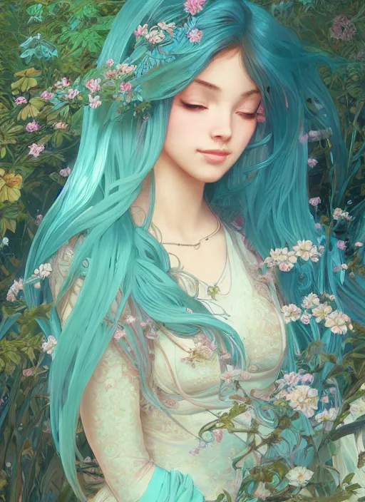 Prompt: beautiful girl with long turqoise hair, in a garden, cute, intricate, highly detailed, digital painting, trending on artstation, concept art, smooth, sharp focus, backlit, rim light, vivid colors, illustration, unreal engine 5, 8 k, art by rossdraws and alphonse mucha