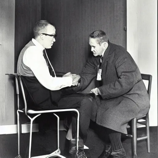 Prompt: a man sitting on a chair having his blood pressure measured by a doctor, color photo